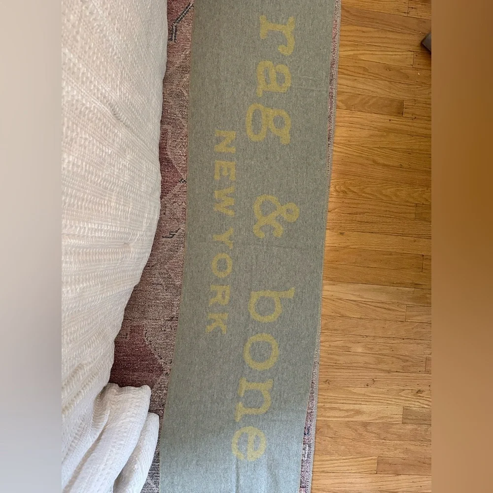 rag & bone Italian wool gray and yellow two toned large logo scarf reversible